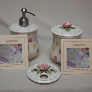 Longaberger Pottery Stoneware Hand Painted Dogwood Soap Dispenser & Tumbler Set